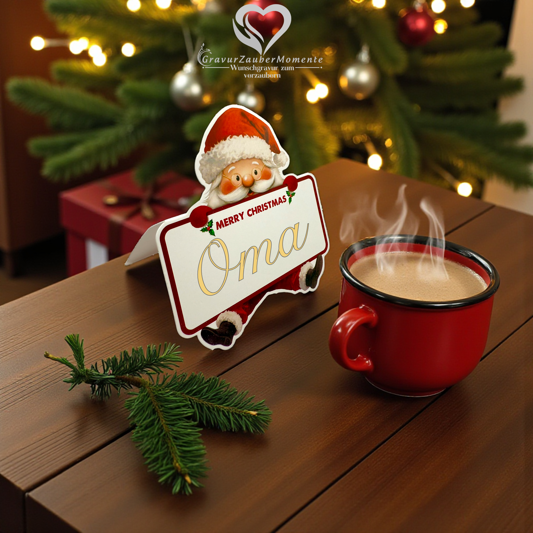 Personalisierte Weihnachtstischkarte graviert – mit Name & süßem Santa-Design