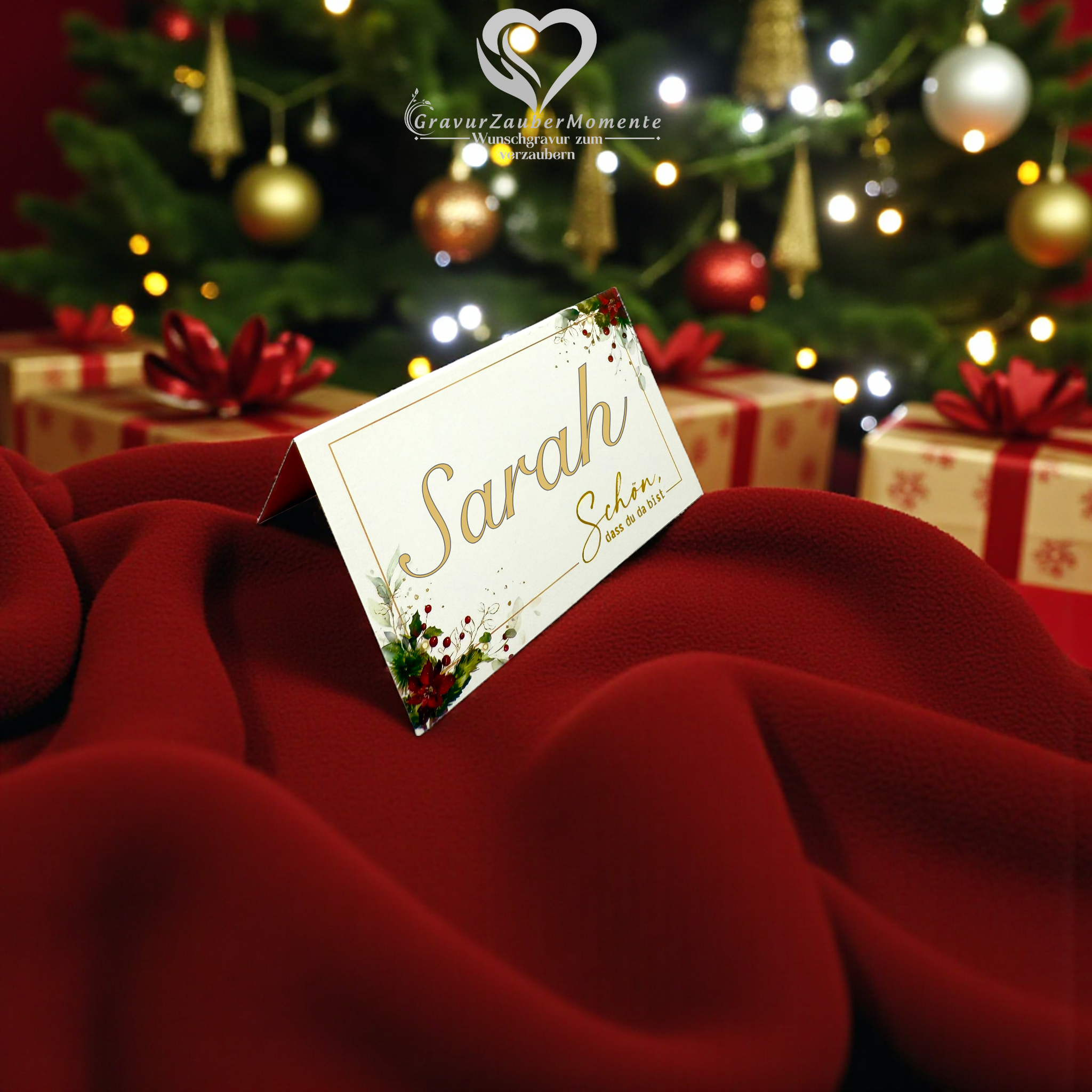 Personalisierte Weihnachtstischkarte graviert „Schön, dass du da bist“ – Festliche Platzkarte mit deinem Wunschnamen 