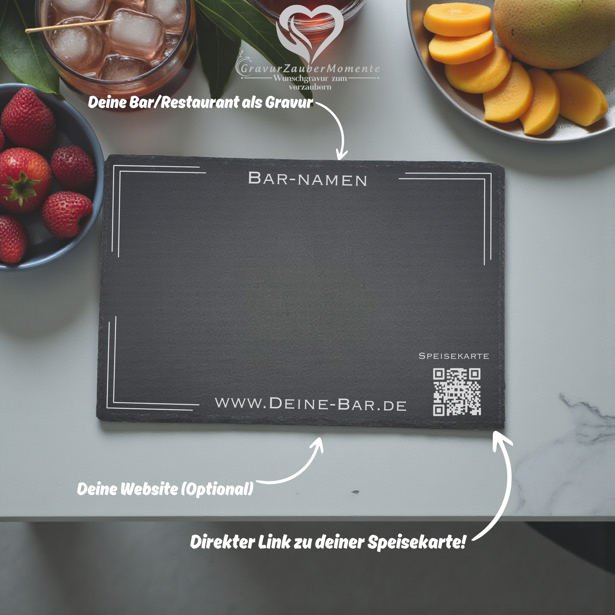 Gravierte Schiefer-Buffetplatte – Individuell für Bars, Restaurants & Events