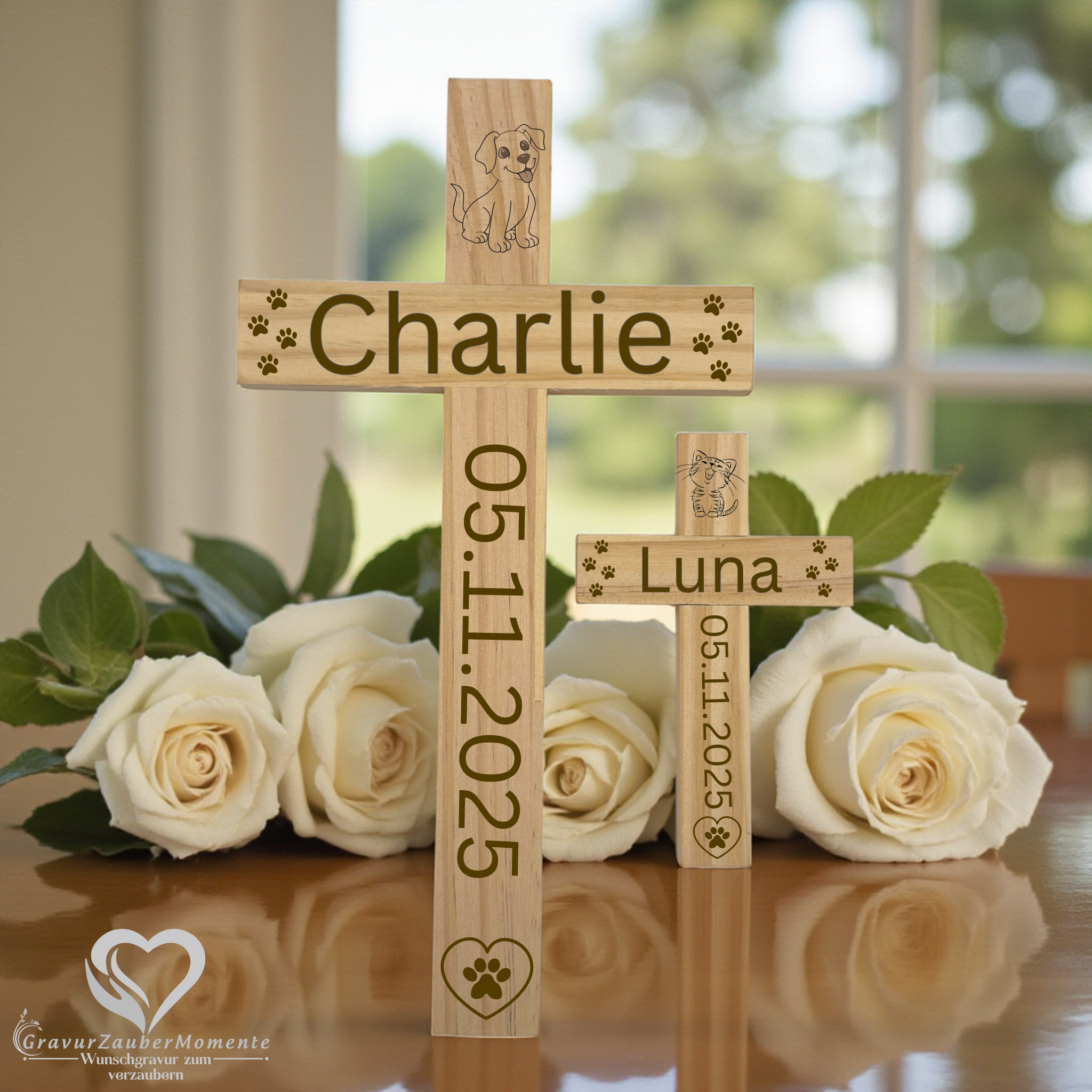 Personalisierte Holz-Gedenkkreuze für Haustiere – mit Name & Datum