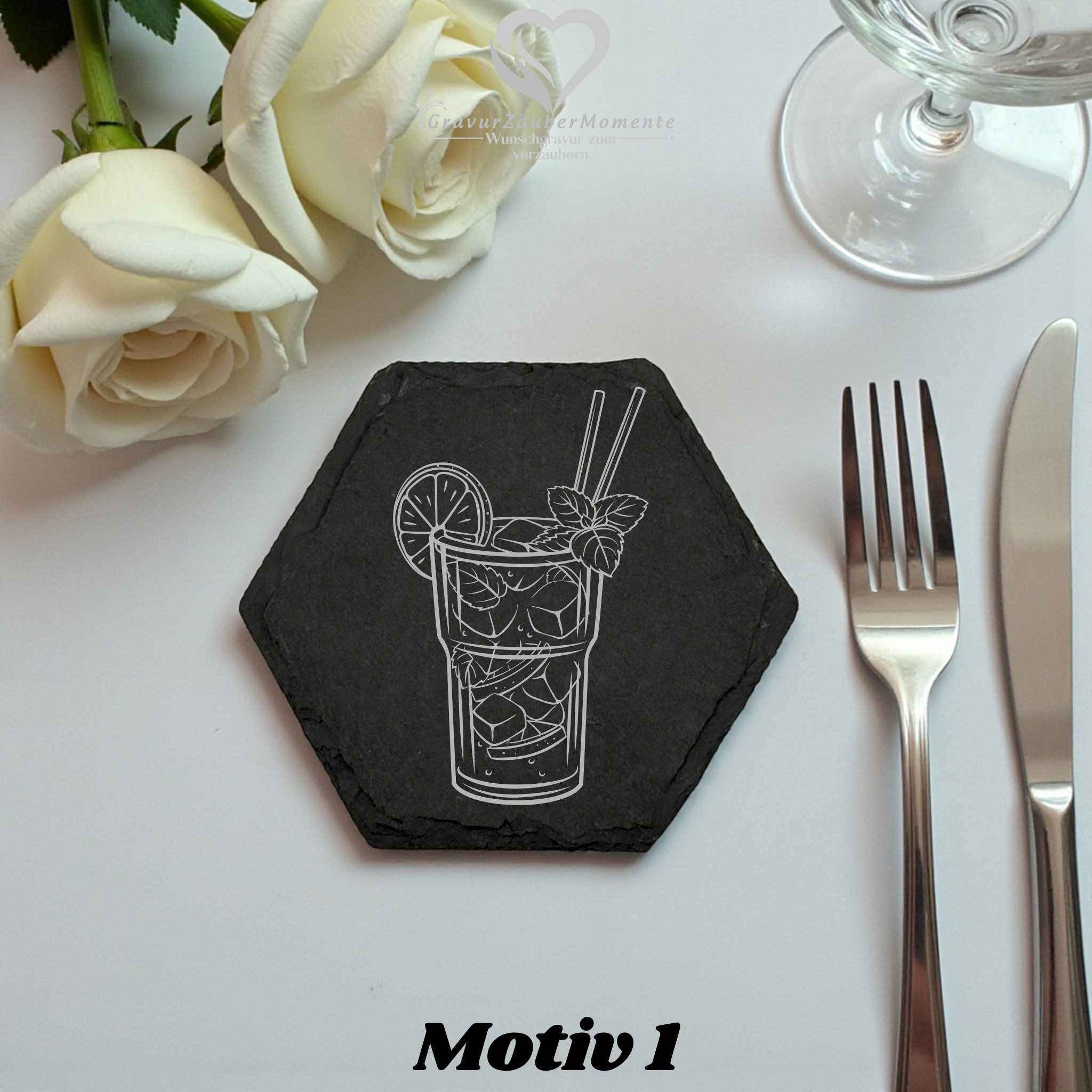 Schiefer-Untersetzer mit Lasergravur – einzigartige Motive (Oktagon)