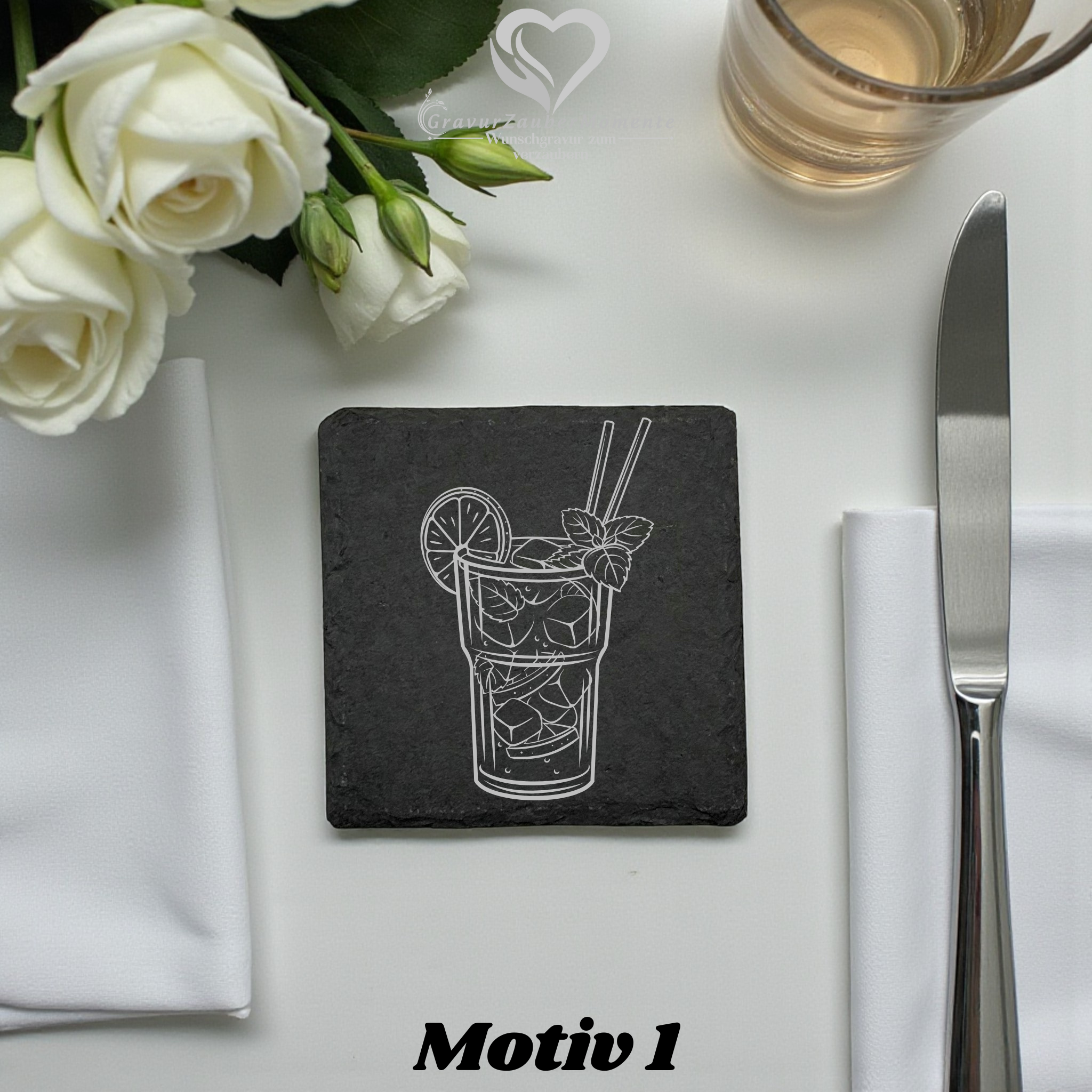 Schiefer-Untersetzer mit Lasergravur – einzigartige Motive (Quadratisch)