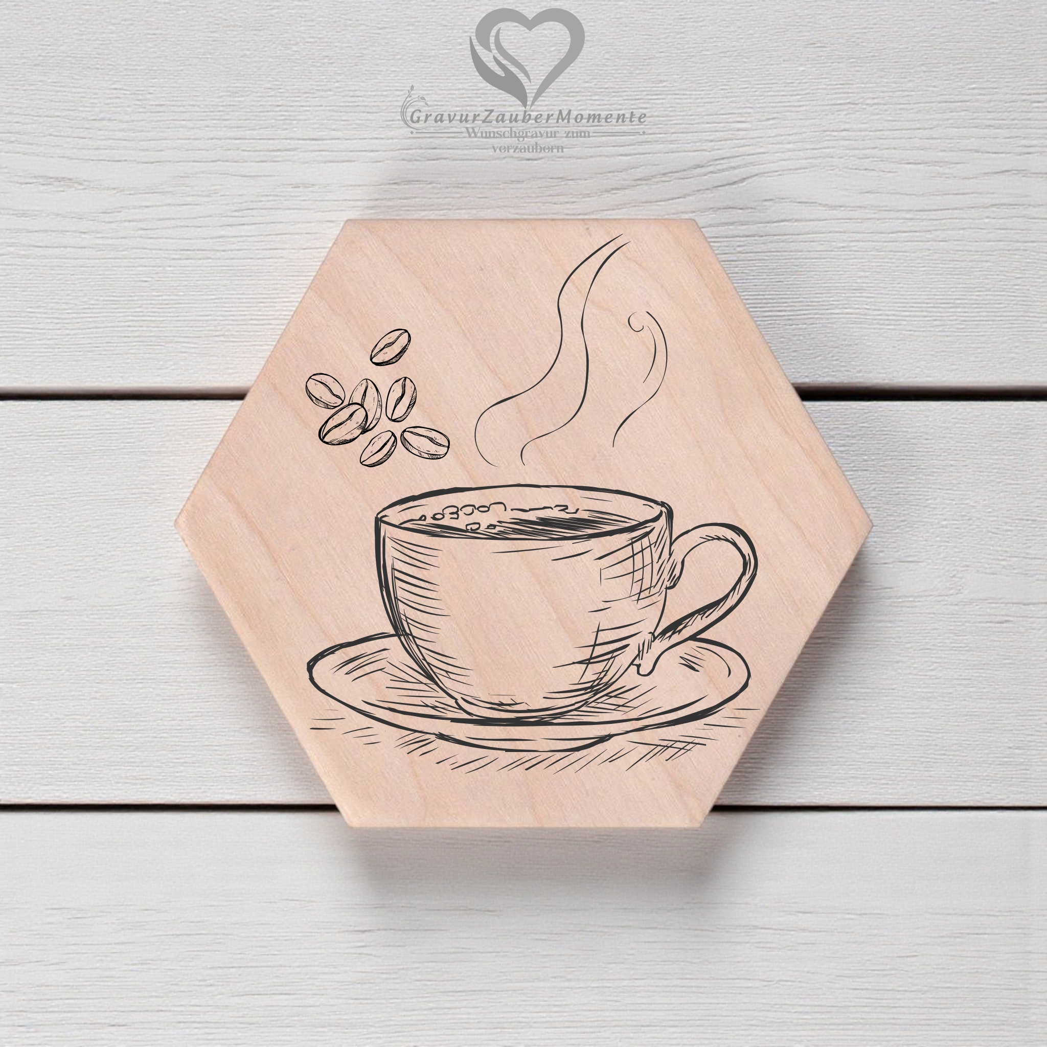 6er Set | Holz Untersetzer „Kaffeezeit“ - Mit hochwertiger Gravur | Hexagon / Sechskant