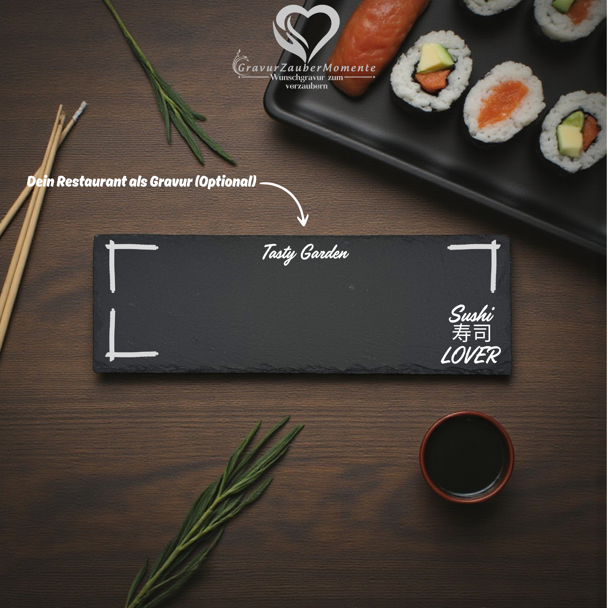 Personalisierte Schiefer-Buffetplatte mit Gravur |"SUSHI LOVER"| – 10 × 30 cm 